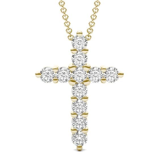 1.10 CTW DEW Round Forever One Moissanite Cross Necklace 14K Yellow Gold