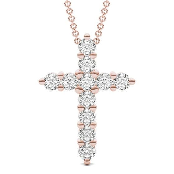 1.10 CTW DEW Round Forever One Moissanite Cross Necklace 14K Rose Gold
