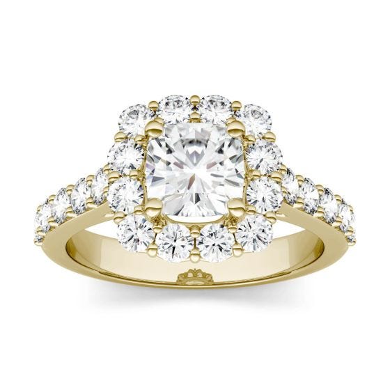 2.20 CTW DEW Cushion Forever One Moissanite Halo with Side Accents Ring 14K Yellow Gold