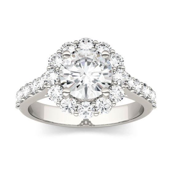 2.60 CTW DEW Round Forever One Moissanite Halo with Side Accents Engagement Ring 14K White Gold