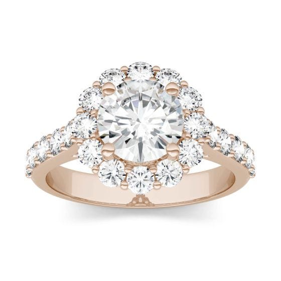 2.60 CTW DEW Round Forever One Moissanite Halo with Side Accents Engagement Ring 14K Rose Gold