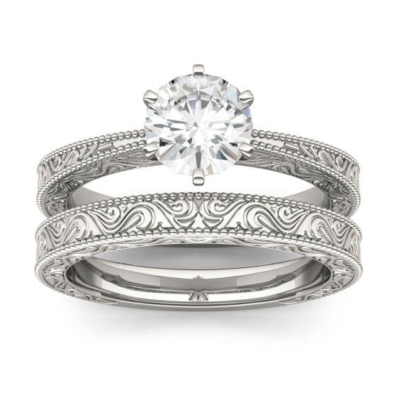 1.00 CTW DEW Round Forever One Moissanite Tapered Six Prong Carved Solitaire Bridal Set Ring 14K White Gold