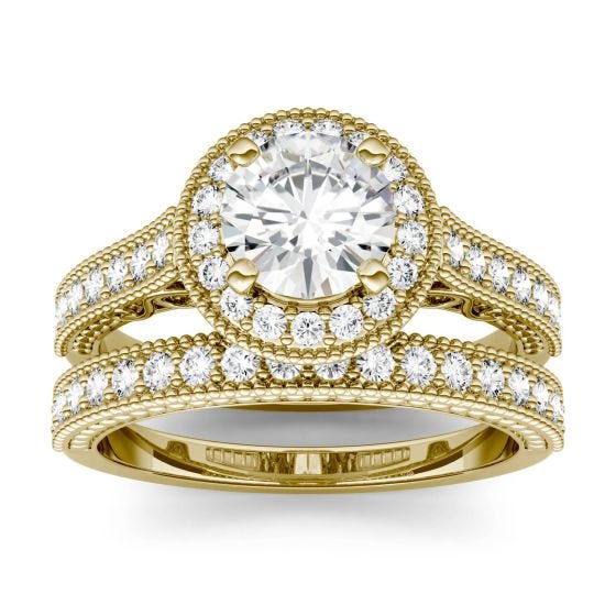 1.65 CTW DEW Round Forever One Moissanite Milgrain Halo Bridal Set Ring 14K Yellow Gold