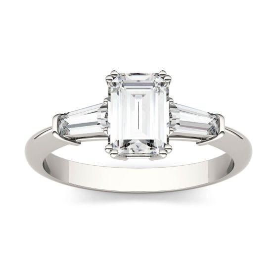 1.38 CTW DEW Emerald Forever One Moissanite Three Stone Engagement Ring Platinum
