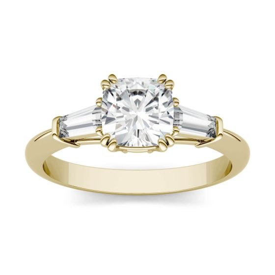 1.47 CTW DEW Cushion Forever One Moissanite Three Stone Engagement Ring 14K Yellow Gold