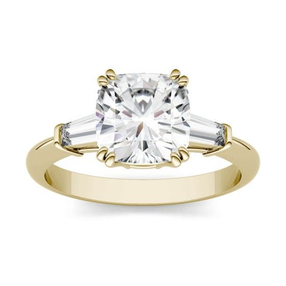 2.37 CTW DEW Cushion Forever One Moissanite Three Stone Engagement Ring 14K Yellow Gold