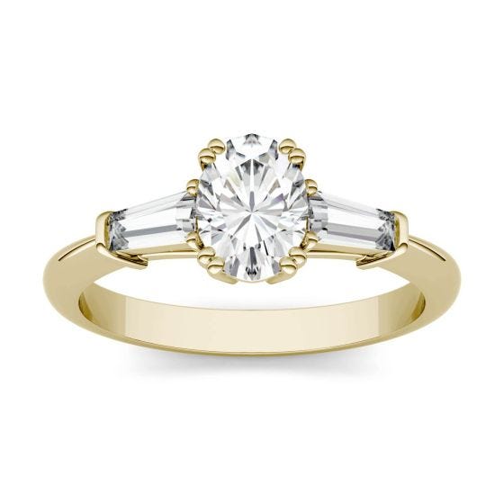 1.27 CTW DEW Oval Forever One Moissanite Three Stone Engagement Ring 14K Yellow Gold