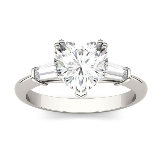 2.17 CTW DEW Heart Forever One Moissanite Step Cut Baguette Side Accent Three Stone Engagement Ring 14K White Gold