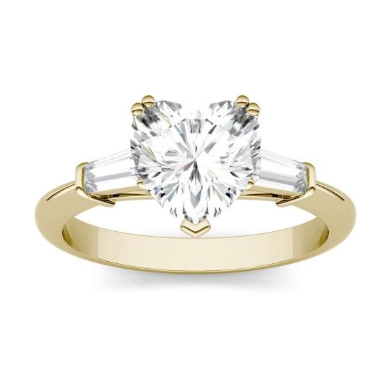 2.17 CTW DEW Heart Forever One Moissanite Step Cut Baguette Side Accent Three Stone Engagement Ring 14K Yellow Gold