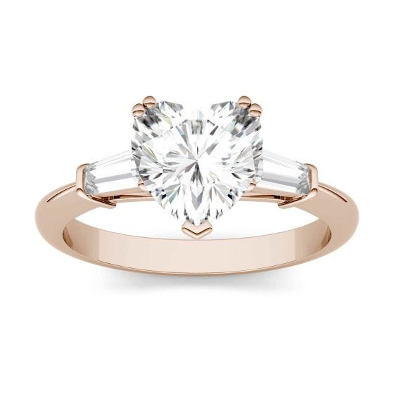 2.17 CTW DEW Heart Forever One Moissanite Step Cut Baguette Side Accent Three Stone Engagement Ring 14K Rose Gold
