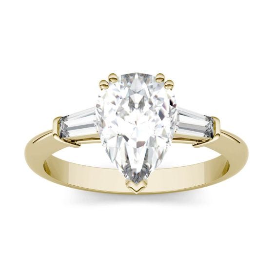 2.47 CTW DEW Pear Forever One Moissanite Three Stone Engagement Ring 14K Yellow Gold