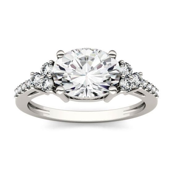 2.30 CTW DEW Oval Forever One Moissanite East-West with Side Accents Engagement Ring 14K White Gold