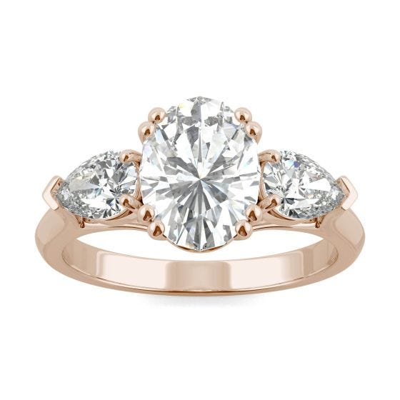 2.96 CTW DEW Oval Forever One Moissanite Pear Three Stone Engagement Ring 14K Rose Gold