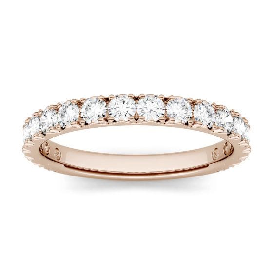 0.90 CTW DEW Round Forever One Moissanite French Pave Anniversary Band Ring 14K Rose Gold