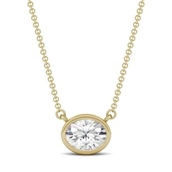 1.50 CTW DEW Oval Forever One Moissanite East-West Bezel Necklace 14K Yellow Gold