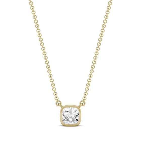 0.60 CTW DEW Cushion Forever One Moissanite Bezel Solitaire Necklace 14K Yellow Gold