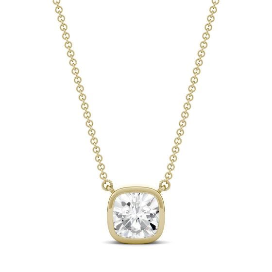 1.70 CTW DEW Cushion Forever One Moissanite Bezel Solitaire Necklace 14K Yellow Gold