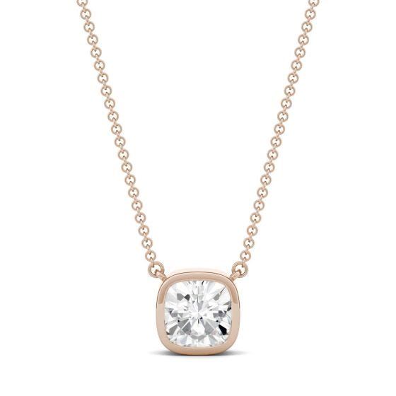 1.70 CTW DEW Cushion Forever One Moissanite Bezel Solitaire Necklace 14K Rose Gold
