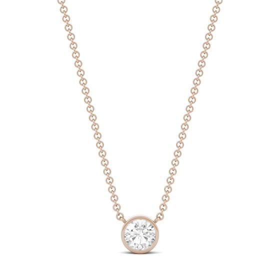 0.33 CTW DEW Round Forever One Moissanite Bezel Solitaire Necklace 14K Rose Gold