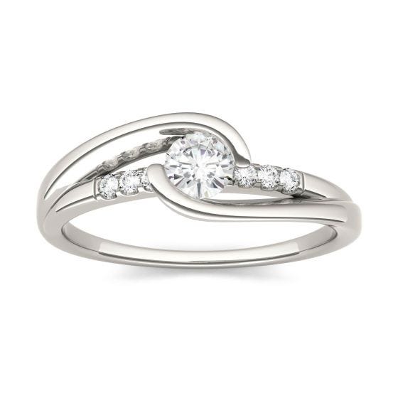 0.29 CTW DEW Round Forever One Moissanite Half Bezel Twist with Side Accents Ring 14K White Gold