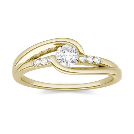 0.29 CTW DEW Round Forever One Moissanite Half Bezel Twist with Side Accents Ring 14K Yellow Gold