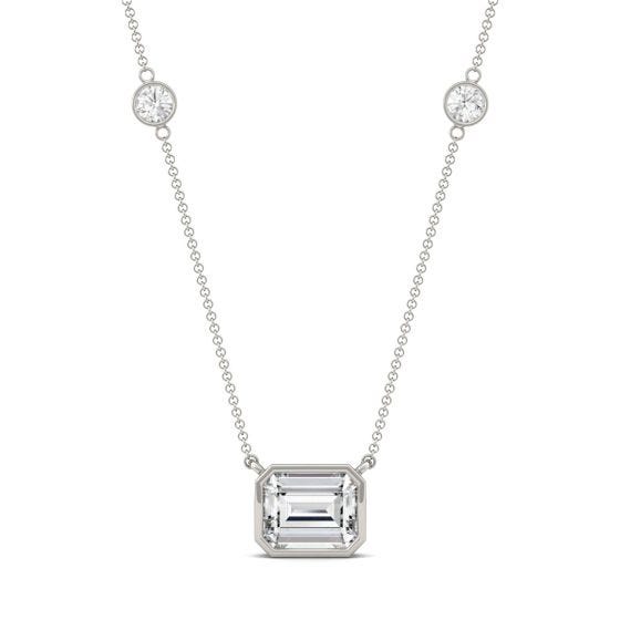 4.01 CTW DEW Emerald Forever One Moissanite East-West Solitaire with Side Accents Necklace 14K White Gold