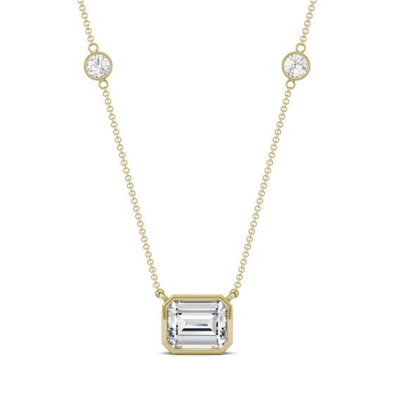 4.01 CTW DEW Emerald Forever One Moissanite East-West Solitaire with Side Accents Necklace 14K Yellow Gold