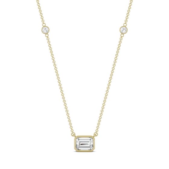 1.13 CTW DEW Emerald Forever One Moissanite East-West Solitaire with Side Accents Necklace 14K Yellow Gold