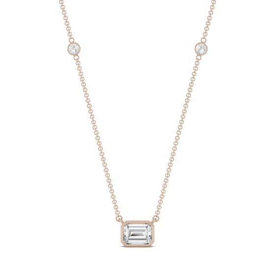 1.87 CTW DEW Emerald Forever One Moissanite East-West Solitaire with Side Accents Necklace 14K Rose Gold
