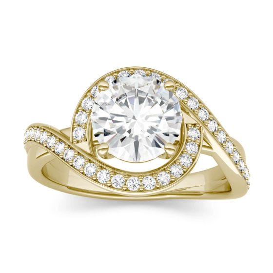 1.90 CTW DEW Round Forever One Moissanite Twist Halo Engagement Ring 14K Yellow Gold