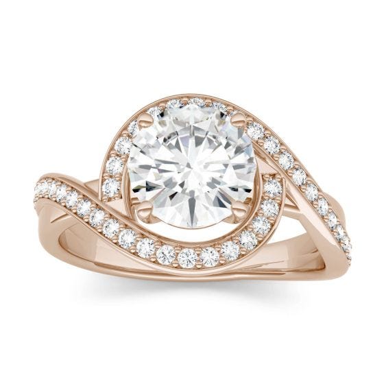1.90 CTW DEW Round Forever One Moissanite Twist Halo Engagement Ring 14K Rose Gold
