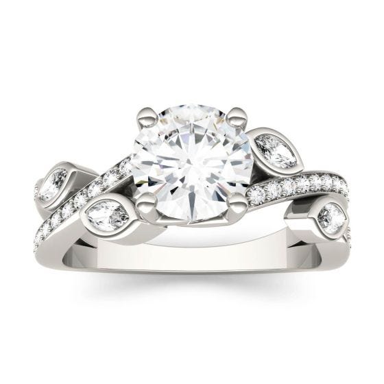 2.05 CTW DEW Round Forever One Moissanite Solitaire Engagement with Leaf Side Accents Ring 14K White Gold
