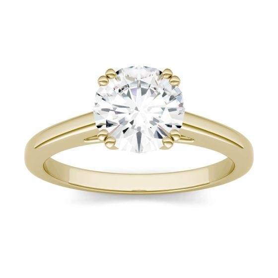 1.50 CTW DEW Round Forever One Moissanite Split Shank Halo with Side Accents Ring 14K Yellow Gold