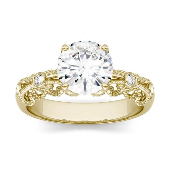 1.54 CTW DEW Round Forever One Moissanite Filigree Solitaire with Side Accents Ring 14K Yellow Gold