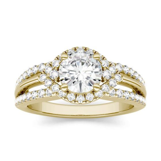 1.35 CTW DEW Round Forever One Moissanite Abstract Halo Engagement Ring 14K Yellow Gold