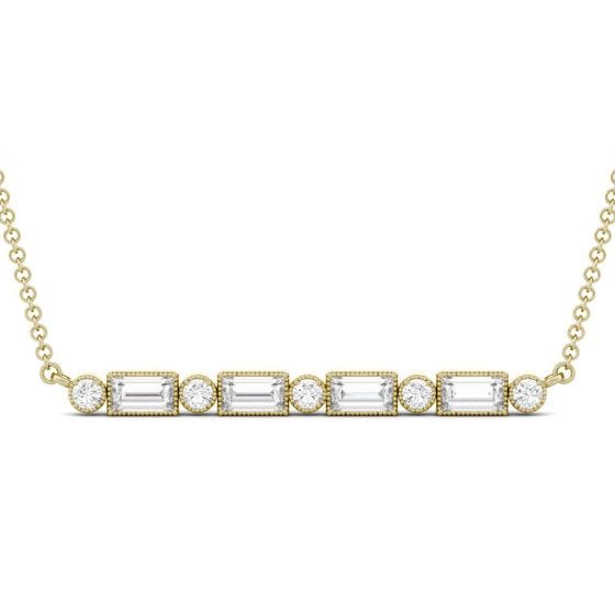 0.61 CTW DEW Straight Baguette Forever One Moissanite Horizontal Bar Necklace 14K Yellow Gold