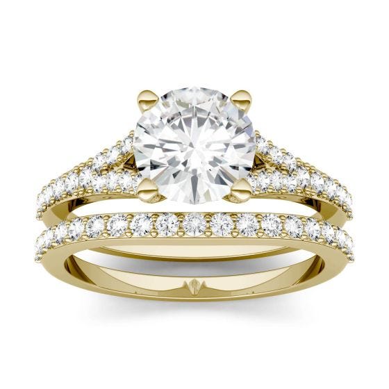 2.12 CTW DEW Round Forever One Moissanite Side-Stone Bridal Ring 14K Yellow Gold