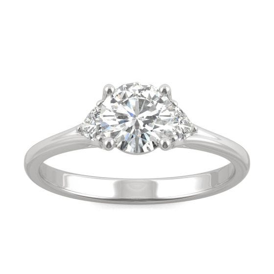 0.99 CTW DEW Round Forever One Moissanite Hearts & Arrows Round Three Stone Ring 14K White Gold