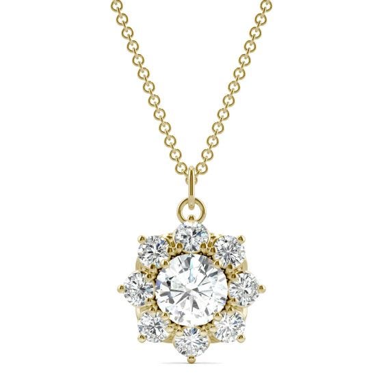 1.86 CTW DEW Round Forever One Moissanite Cluster Halo Necklace 14K Yellow Gold