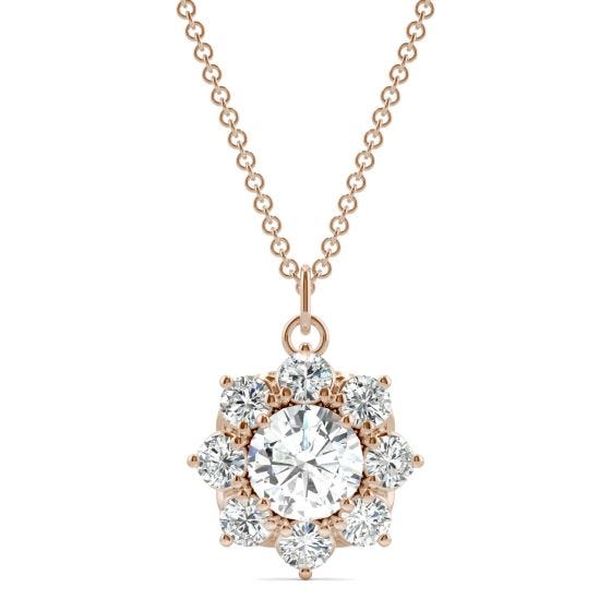 1.86 CTW DEW Round Forever One Moissanite Cluster Halo Necklace 14K Rose Gold