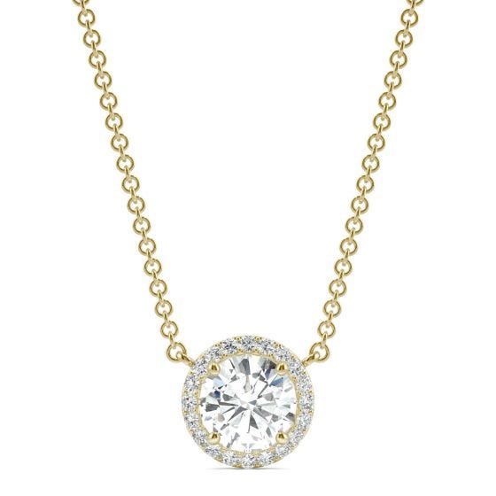 2.13 CTW DEW Round Forever One Moissanite Cluster Halo Necklace 14K Yellow Gold