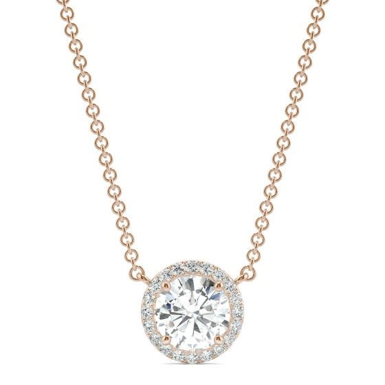 0.91 CTW DEW Round Forever One Moissanite Cluster Halo Necklace 14K Rose Gold