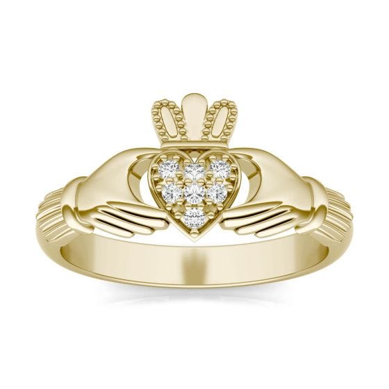 0.07 CTW DEW Round Forever One Moissanite Claddagh Ring 14K Yellow Gold
