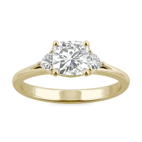 1.20 CTW DEW Cushion Forever One Moissanite Hearts & Arrows Cushion Three Stone Ring 14K Yellow Gold