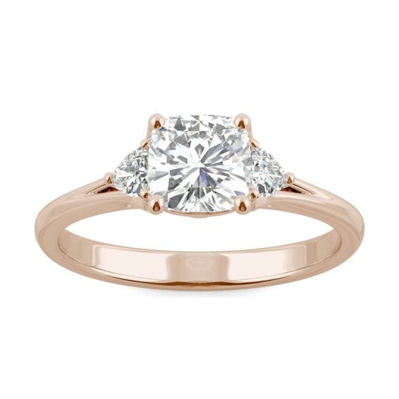 1.20 CTW DEW Cushion Forever One Moissanite Hearts & Arrows Cushion Three Stone Ring 14K Rose Gold