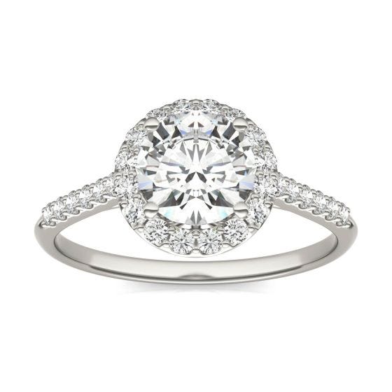 1.33 CTW DEW Round Forever One Moissanite Signature Halo with Side Accents Engagement Ring 14K White Gold