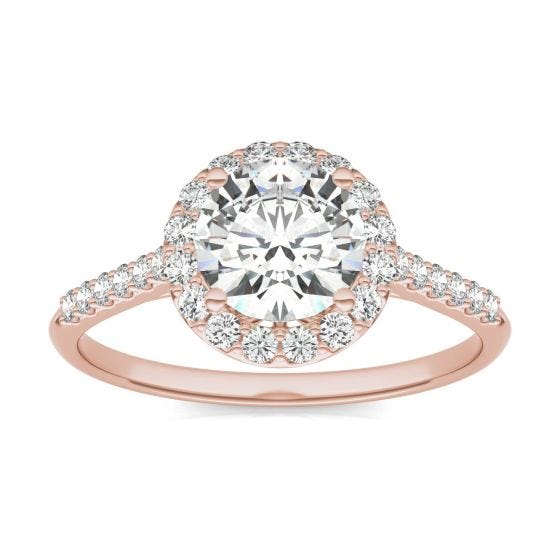 1.33 CTW DEW Round Forever One Moissanite Signature Halo with Side Accents Engagement Ring 14K Rose Gold