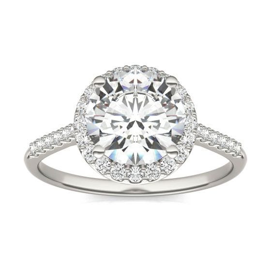 2.25 CTW DEW Round Forever One Moissanite Signature Halo with Side Accents Engagement Ring 14K White Gold