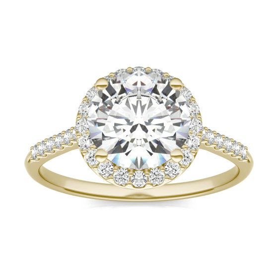 2.25 CTW DEW Round Forever One Moissanite Signature Halo with Side Accents Engagement Ring 14K Yellow Gold