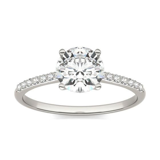 1.19 CTW DEW Round Forever One Moissanite Signature Side Stone Round Engagement Ring 14K White Gold